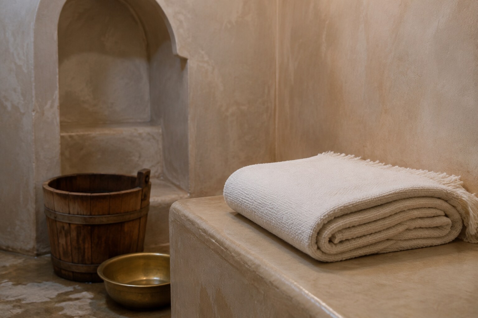 A folded towel beside a wooden bucket in a simple hammam