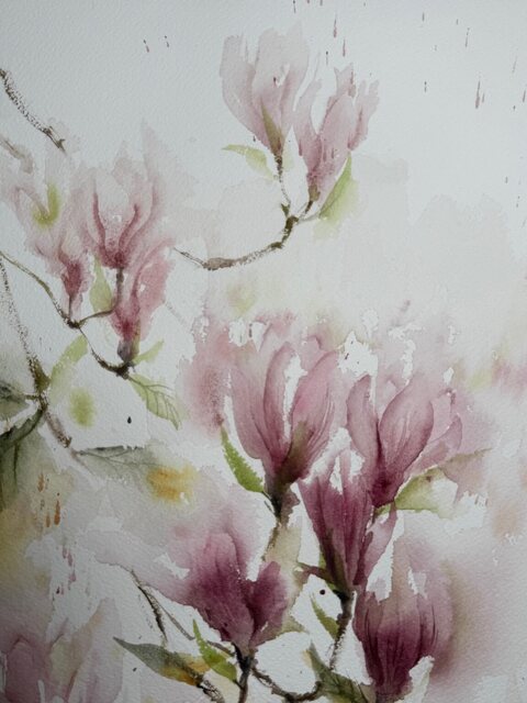 Magnolias, an atmospheric watercolour painting by Jurga Vilimaite